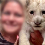 Photo of a woman holding a lion cub.